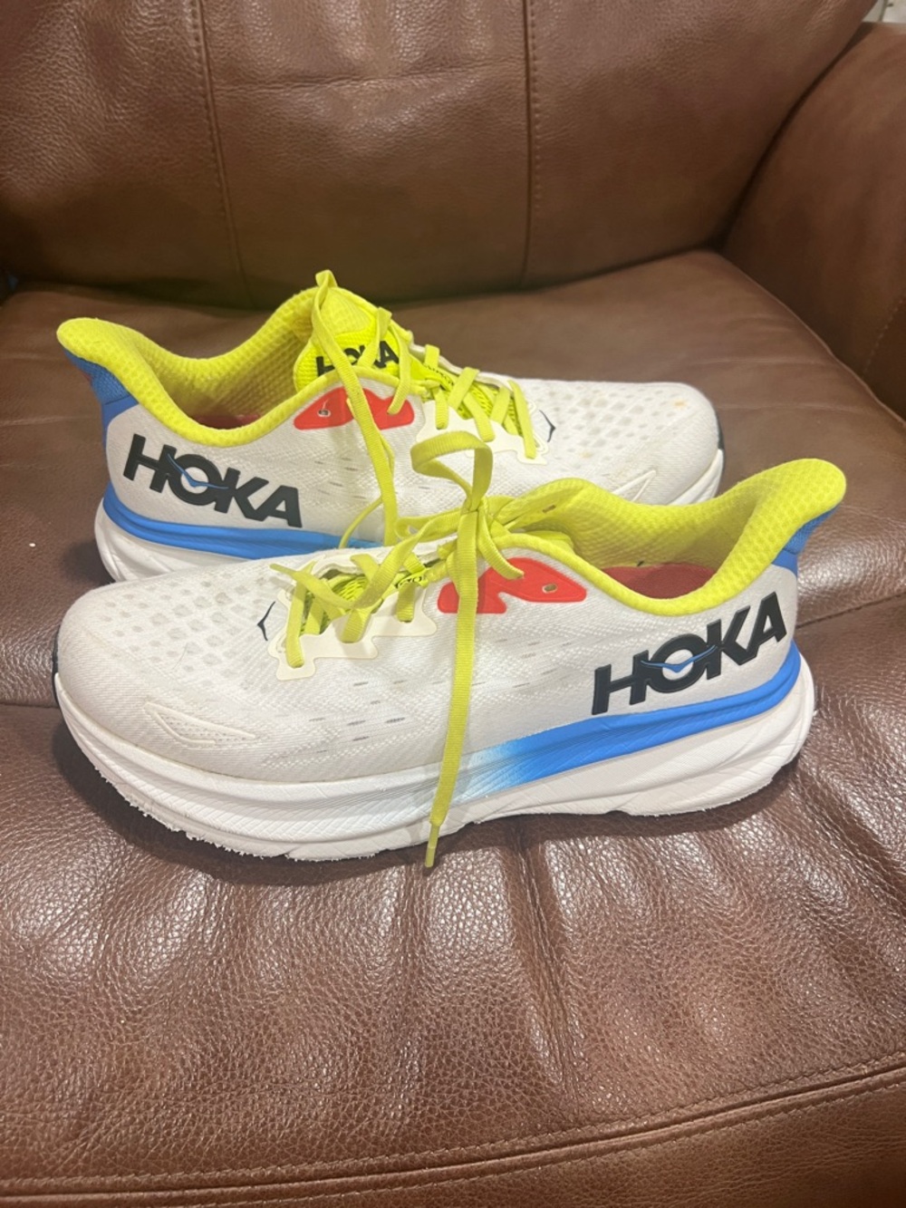 Hoka  Clifton White and Neon Yellow Mens Sneakers - Picture 5 of 15